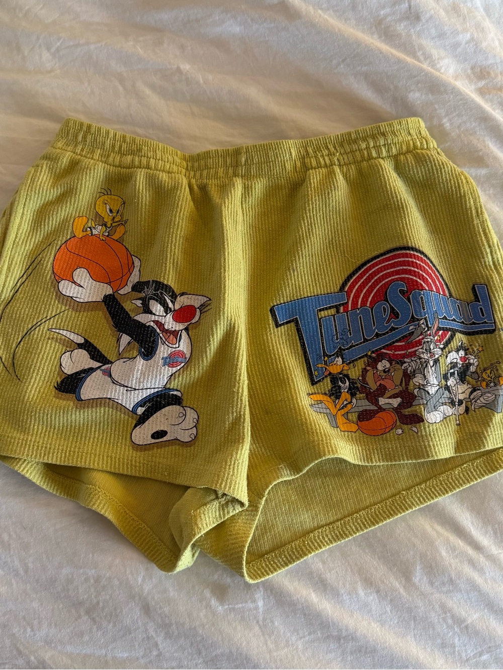 Vtg Tweety & Sylvester Tune Squad Yellow Corduroy Shorts XL unisex